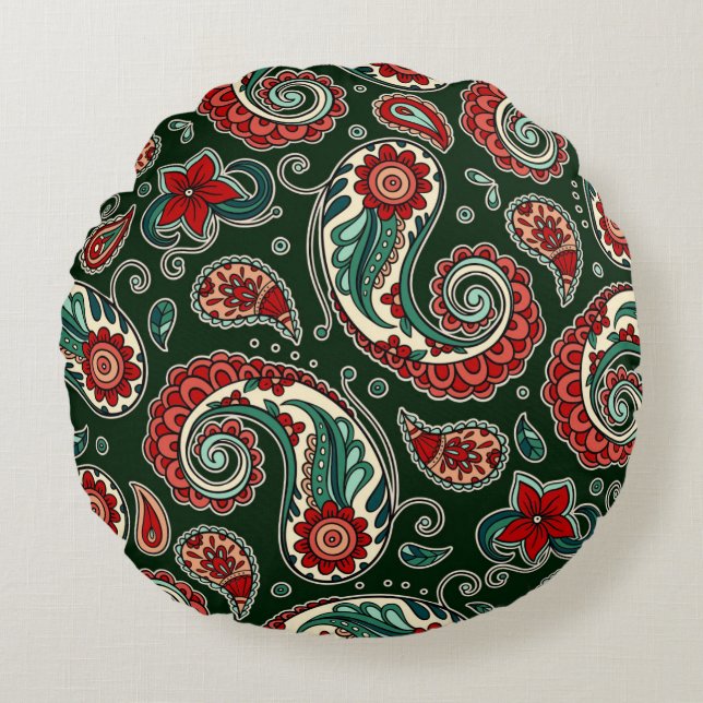 Coussins Ronds Red and Green Paisley Round Pillow (Devant)