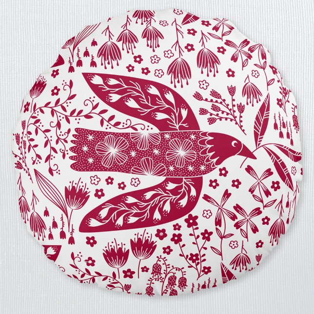 Coussins Ronds Red Bird Art (Red and white peace dove folk art pillow)