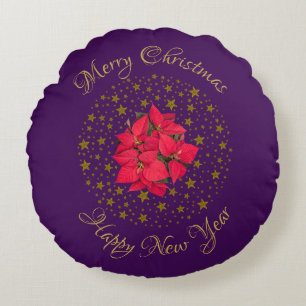 Coussins Ronds Red Poinsettia Plante sur la parties scintillant é