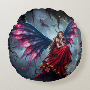Coussins Ronds Reine des fées de fantasy sombre avec des ailes de
