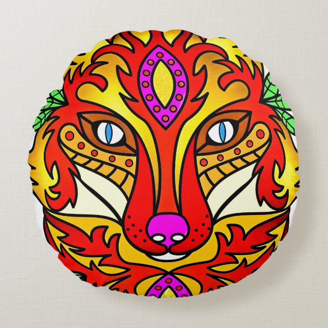 Coussins Ronds Renard boho art abstrait loup rouge violet (Devant)