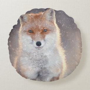 Coussins Ronds Renard rouge, forêt d'hiver, illustration pittores