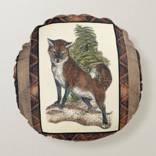Coussins Ronds Renard rustique sur un tronc d'arbre