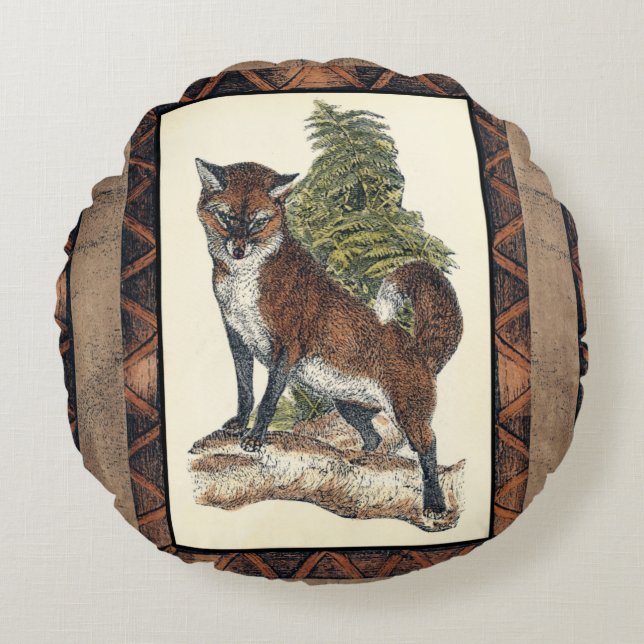 Coussins Ronds Renard rustique sur un tronc d'arbre (Devant)