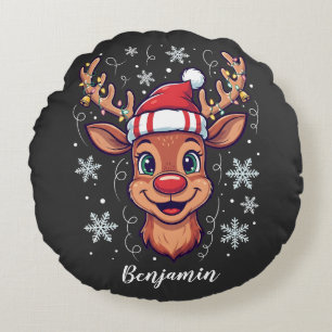 Coussins Ronds Renne de Noël personnalisé mignon avec chapeau