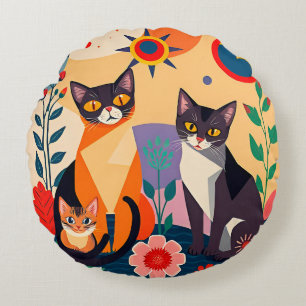 Coussins Ronds Représentation Artistique Abstraite de Chats