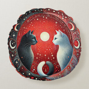 Coussins Ronds Représentation artistique de chats Yin et Yang