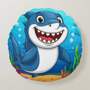 Coussins Ronds Requin de dessin animé souriant nageant sous l'eau