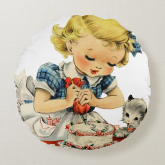 Coussins Ronds Rétro Anniversaire Fille Cake Cat Enfants Artwork