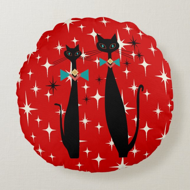 Coussins Ronds Retro Atomique Moyen Siècle Moderne MCM Chat noir (Devant)