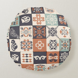 Coussins Ronds Retro Blue, white and orange Azulejos Pattern Lisb