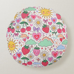 Coussins Ronds Rétro Mignon Fraise, Soleil, et Cœurs Heureux 