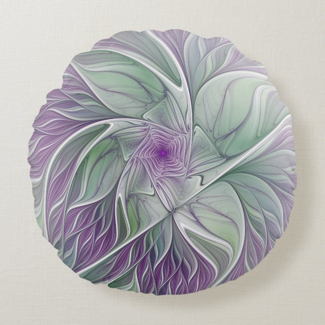Coussins Ronds Rêve de fleurs, Abstrait violet vert Fractal Art (Devant)