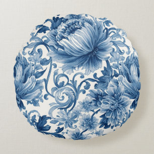 Coussins Ronds Rêves bleus Chinoiserie Florale Aquarelle