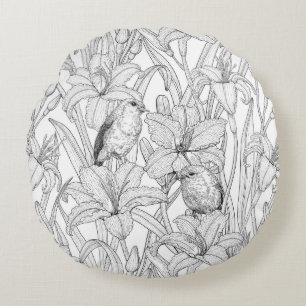 Coussins Ronds Robins et fleurs de lys, noir et blanc