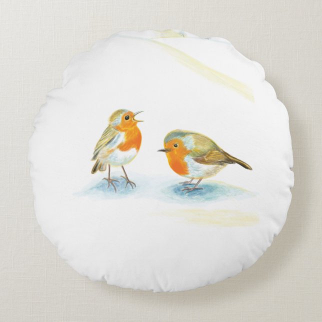 Coussins Ronds Robins rouges en hiver (Devant)