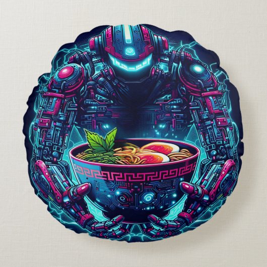 Coussins Ronds Robot Cyberpunk Futuriste Neon Nourriture Ramen (Devant)