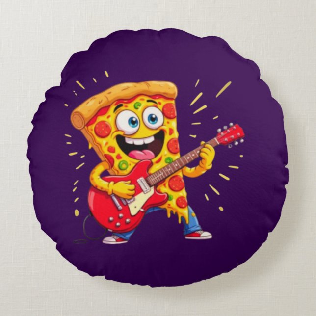 Coussins Ronds **Rock ’n’ Roll Pizza – Funny Guitar-Playing Slice (Devant)