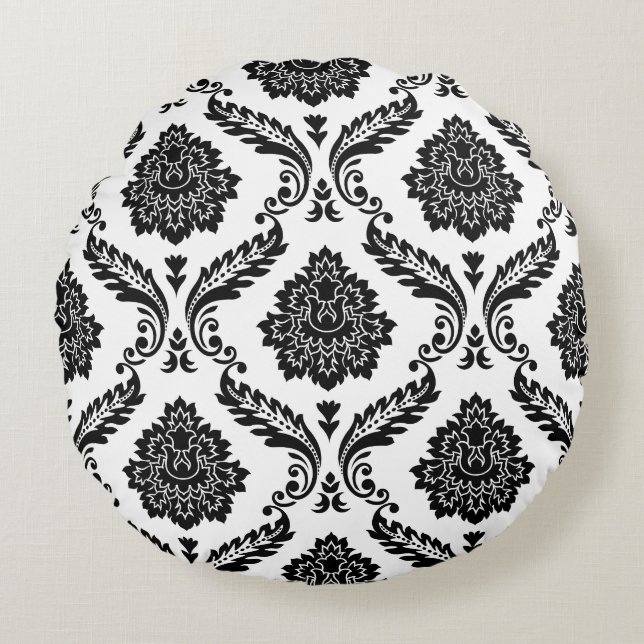 Coussins Ronds Rococo Damask Big Pattern Black on White (Devant)