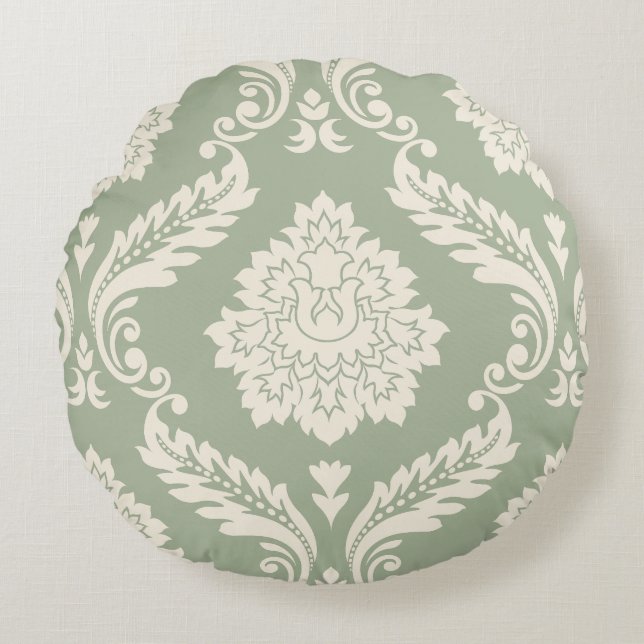 Coussins Ronds Rococo Damask Lg Pattern Cream on Green (Devant)