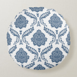 Coussins Ronds Rococo Damassé Grand Motif Bleu sur Blanc