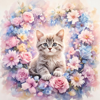 Coussins Ronds Romantic Floral Kitten Round Throw Pillow