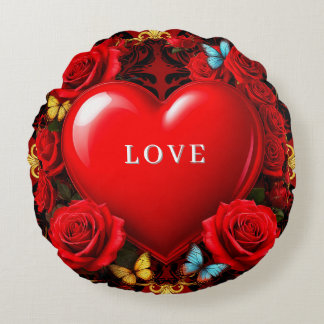 Coussins Ronds Romantic Red Heart Framed by Roses and Butterflies
