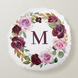Coussins Ronds Romantique Purple Automne Floral Wreath Monogramme