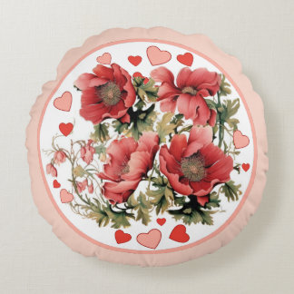 Coussins Ronds Romantique Vintage Poppy et Coeurs