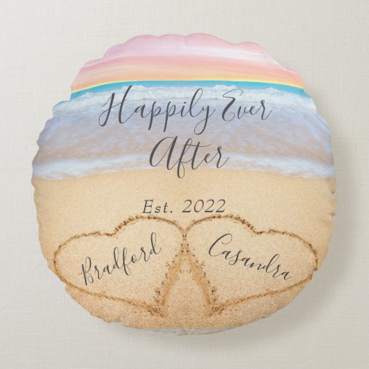 Coussins Ronds Rose Blush Rose Clair Plage Couple Coeurs Sable (Devant)