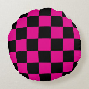 Coussins Ronds Rose Chaud et Damier Noir