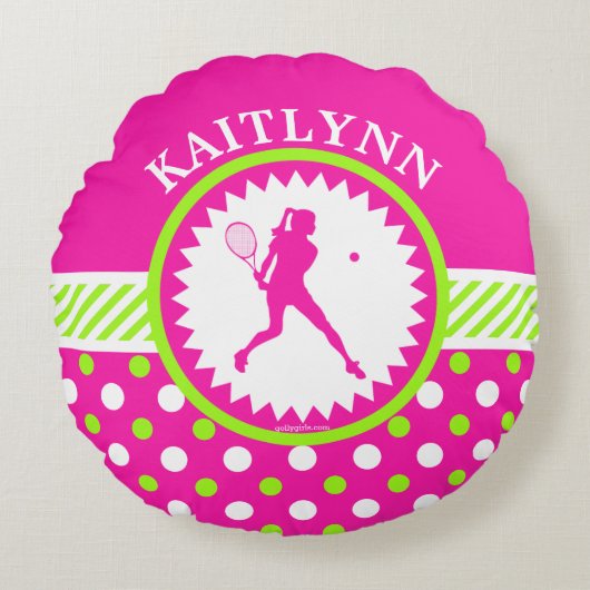 Coussins Ronds Rose décoré d'un monogramme de tennis - pois vert (Devant)