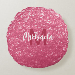 Coussins Ronds Rose faux paillettes scintillantes Monogramme rose