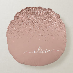 Coussins Ronds Rose Gold Blush Pink Parties scintillant Script Mo