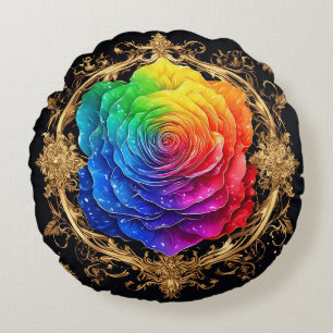 Coussins Ronds Rose multicolore aux fioritures dorées ornées
