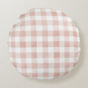 Coussins Ronds Rose Pâle Brun Crème Carreaux Rayures