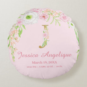 Coussins Ronds Rose Pâle Fleurs Monogramme Statistiques Bébé