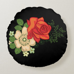 Coussins Ronds Rose rouge et marguerites sur fond noir