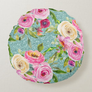 Coussins Ronds Roses aquarelles en rose et crème avec paillettes