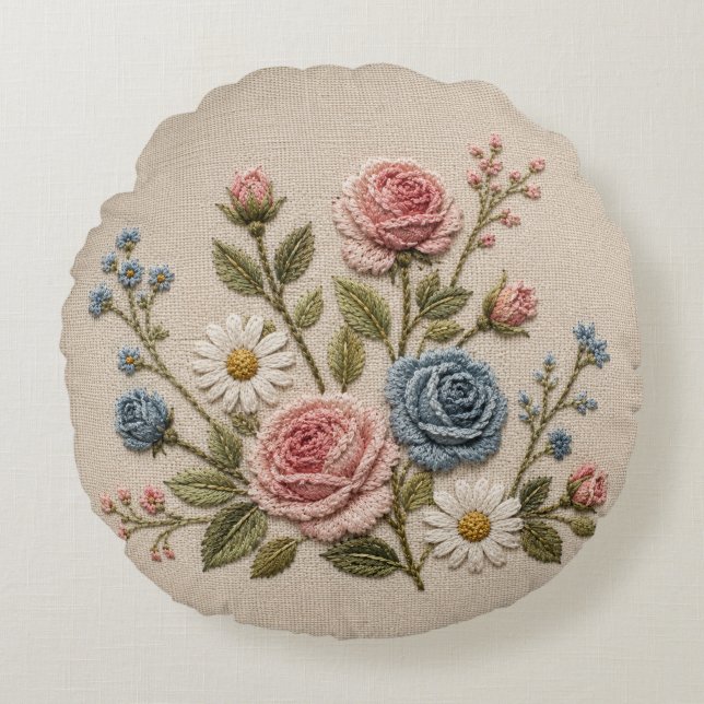 Coussins Ronds Roses Brodées Blush & Bleu (Devant)