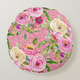 Coussins Ronds Roses d'aquarelle en Parties scintillant rose et c