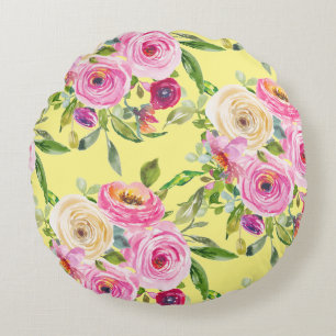 Coussins Ronds Roses d'aquarelle en rose et crème sur jaune