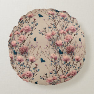 Coussins Ronds Roses de printemps vintage avec papillons bleus