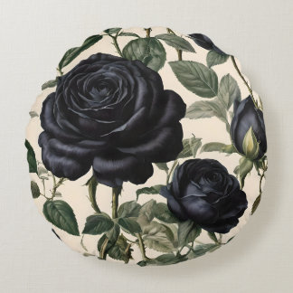 Coussins Ronds Roses Noirs Et Feuilles Verts,
