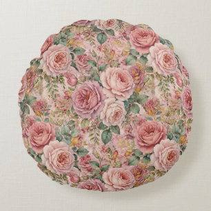 Coussins Ronds Roses Rose Poussiéreux Vert Sauge Or Charme Rustiq