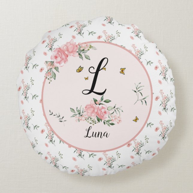 Coussins Ronds Roses roses élégantes avec papillons (Dos)