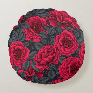 Coussins Ronds Roses rouges avec feuilles gris sur noir