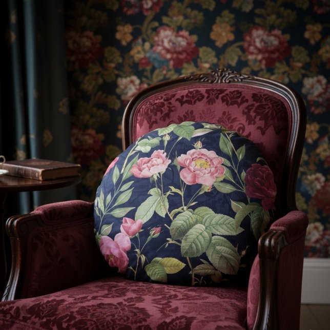 Coussins Ronds Roses vintages Sur Velours Bleu Foncé (Créateur téléchargé)