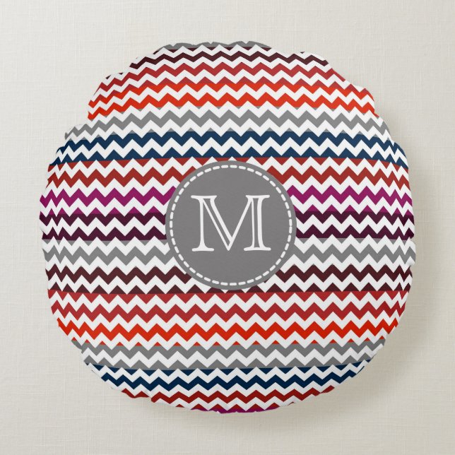 Coussins Ronds Rouge blanc gris Chevron Zigzag Monogramme (Devant)