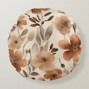 Coussins Ronds Rouge Brûlé Rouille Marron Beige Floral Aquarelle